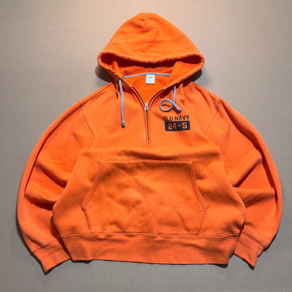 Y2K Old Navy Quarter Zip Hoodie Large Orange Excellent Fleece Pullover Graphic